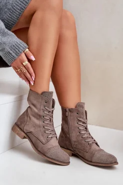 Zdobione Botki Na Płaskim Obcasie Eko Zamszowe Ocieplane Brązowe Ellieo