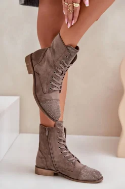 Zdobione Botki Na Płaskim Obcasie Eko Zamszowe Ocieplane Brązowe Ellieo