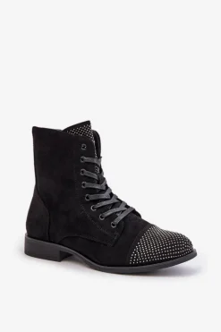 Zdobione Botki Na Płaskim Obcasie Eko Zamszowe Ocieplane Czarne Ellieo