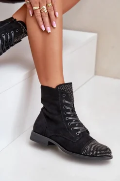 Zdobione Botki Na Płaskim Obcasie Eko Zamszowe Ocieplane Czarne Ellieo