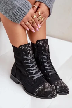 Zdobione Botki Na Płaskim Obcasie Eko Zamszowe Ocieplane Czarne Ellieo