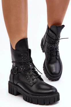 Zdobione Botki Workery Damskie Czarne Vestara