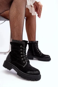 Zdobione Botki Workery Damskie Na Suwak Czarne Santelia
