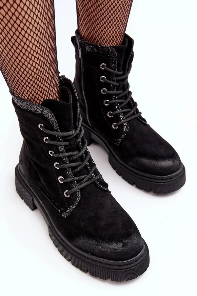 Zdobione Botki Workery Damskie Na Suwak Czarne Santelia