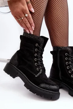 Zdobione Botki Workery Damskie Na Suwak Czarne Santelia