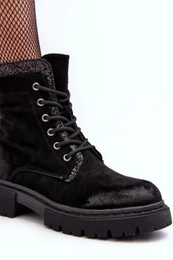 Zdobione Botki Workery Damskie Na Suwak Czarne Santelia