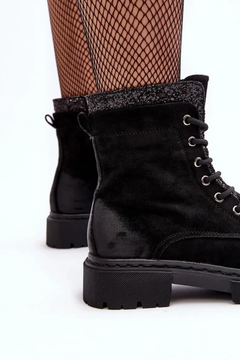 Zdobione Botki Workery Damskie Na Suwak Czarne Santelia