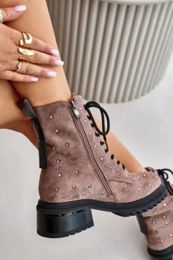 Zdobione Botki Workery Damskie Ocieplane D&A MR880-017 Taupe