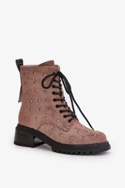 Zdobione Botki Workery Damskie Ocieplane D&A MR880-017 Taupe