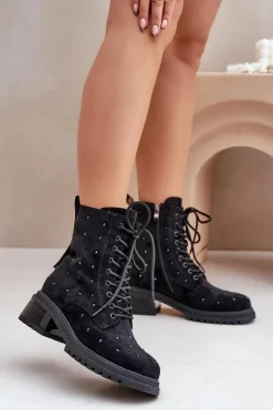 Zdobione Botki Workery Damskie Ocieplane D&A MR880-017 Czarne