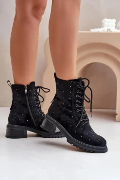 Zdobione Botki Workery Damskie Ocieplane D&A MR880-017 Czarne