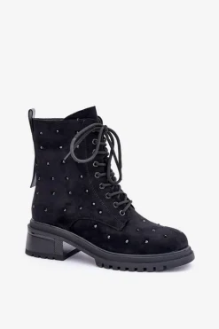 Zdobione Botki Workery Damskie Ocieplane D&A MR880-017 Czarne