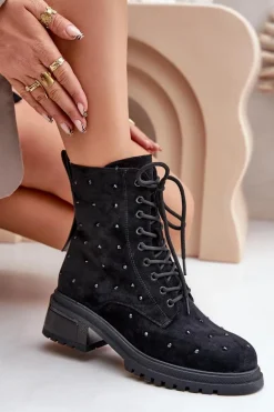 Zdobione Botki Workery Damskie Ocieplane D&A MR880-017 Czarne