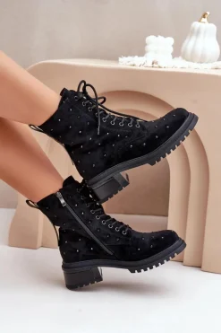 Zdobione Botki Workery Damskie Ocieplane D&A MR880-017 Czarne