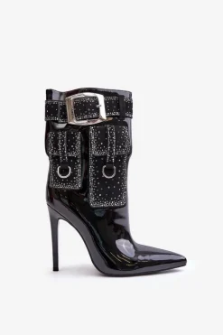 Zdobione Botki Z Lakierowanej Eko Skóry Na Szpilce Czarne Senorith
