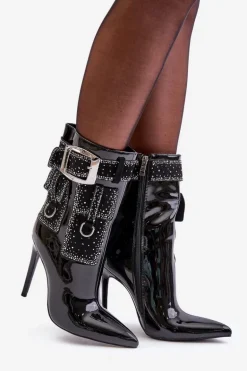 Zdobione Botki Z Lakierowanej Eko Skóry Na Szpilce Czarne Senorith