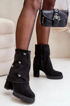 Zdobione Botki Z Wywiniętą Cholewką Na Słupku Czarne Esadora