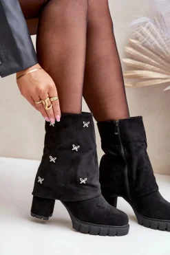 Zdobione Botki Z Wywiniętą Cholewką Na Słupku Czarne Esadora
