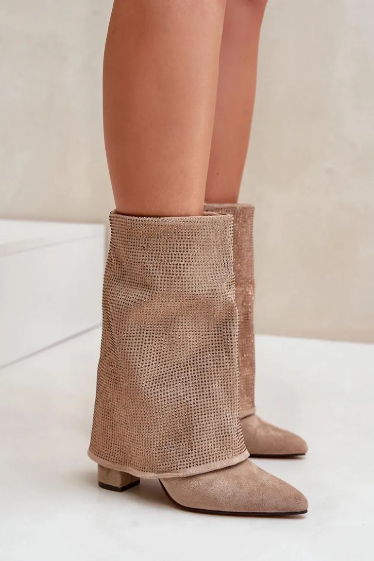 Zdobione Błyszczące Botki Z Wywiniętą Cholewką Na Słupku Ocieplane Beżowe Xistaria
