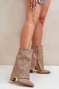 Zdobione Błyszczące Botki Z Wywiniętą Cholewką Na Słupku Ocieplane Beżowe Xistaria
