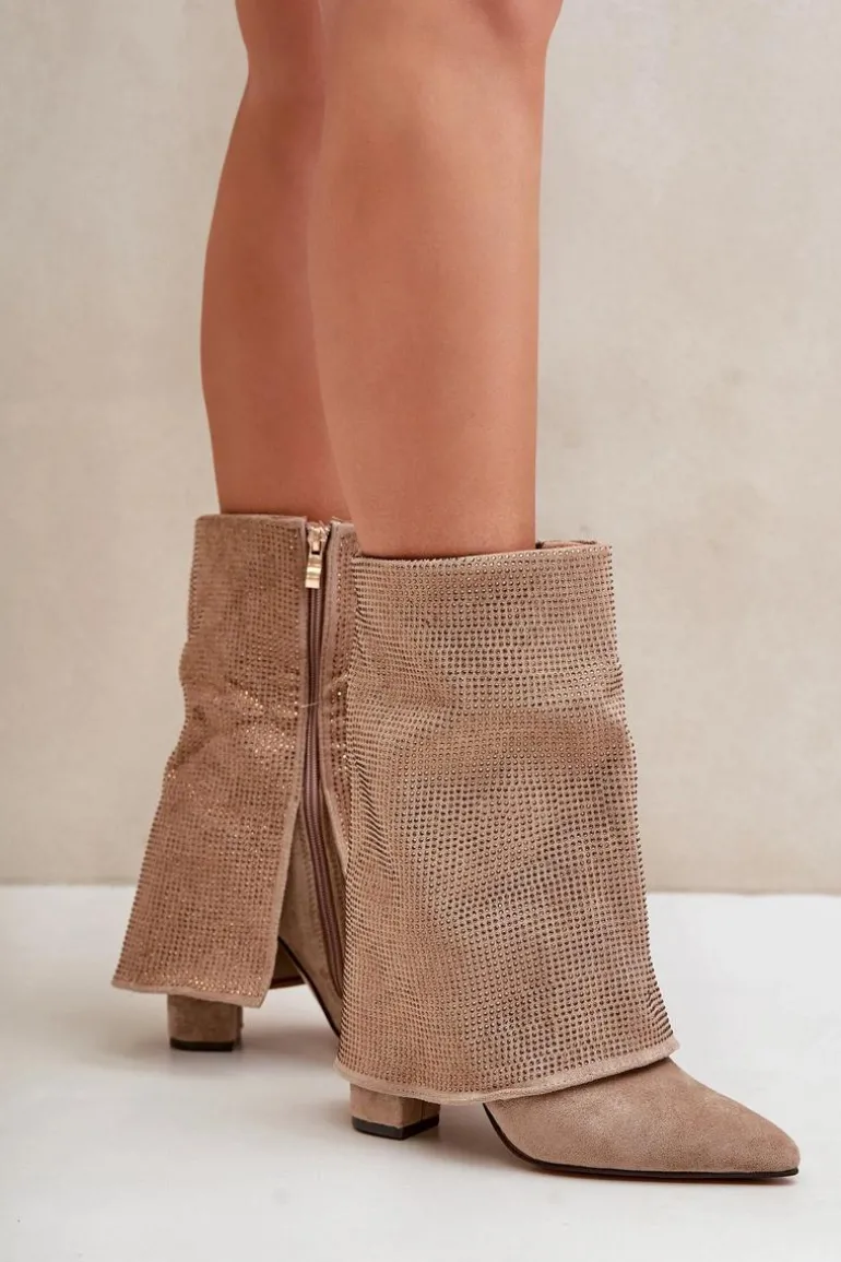 Zdobione Błyszczące Botki Z Wywiniętą Cholewką Na Słupku Ocieplane Beżowe Xistaria