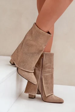 Zdobione Błyszczące Botki Z Wywiniętą Cholewką Na Słupku Ocieplane Beżowe Xistaria