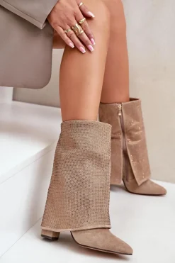 Zdobione Błyszczące Botki Z Wywiniętą Cholewką Na Słupku Ocieplane Beżowe Xistaria