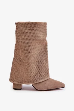 Zdobione Błyszczące Botki Z Wywiniętą Cholewką Na Słupku Ocieplane Beżowe Xistaria