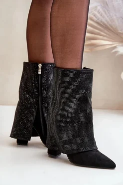 Zdobione Błyszczące Botki Z Wywiniętą Cholewką Na Słupku Ocieplane Czarne Xistaria