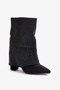 Zdobione Błyszczące Botki Z Wywiniętą Cholewką Na Słupku Ocieplane Czarne Xistaria