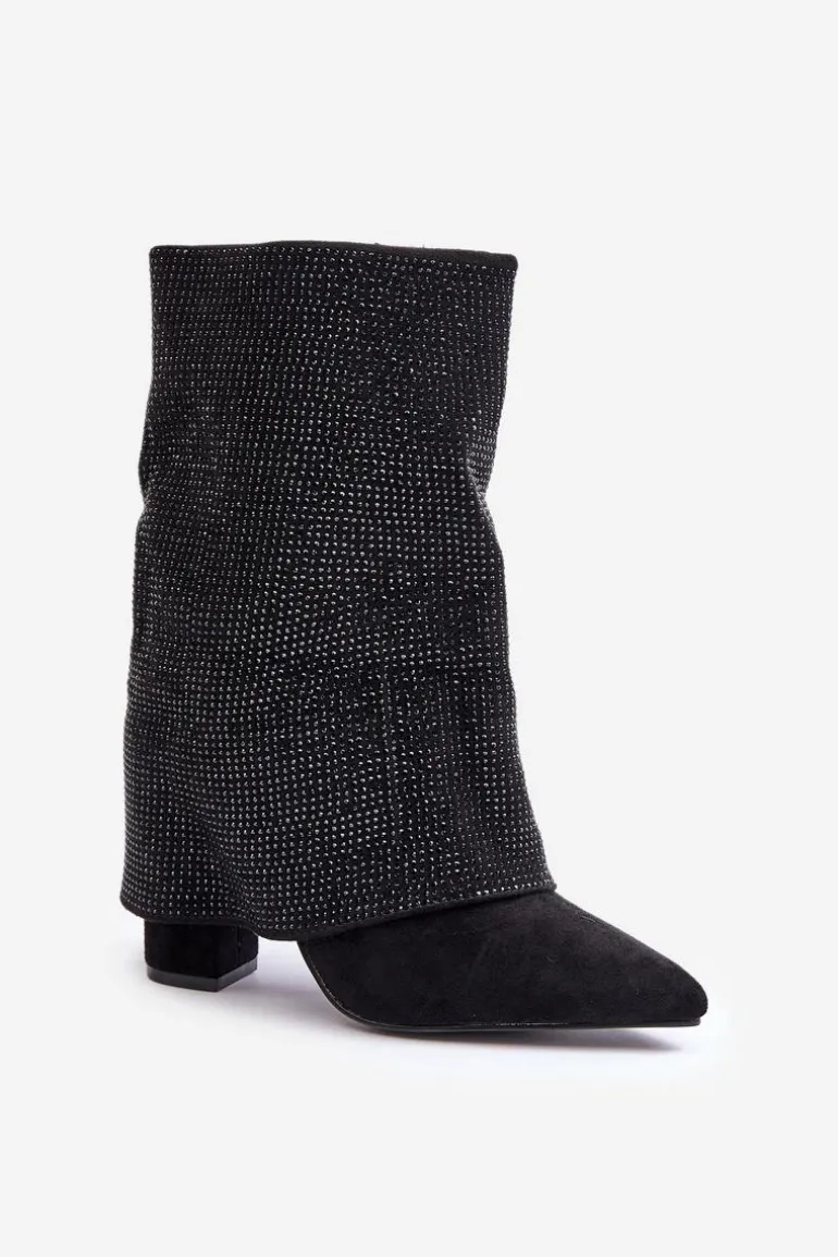 Zdobione Błyszczące Botki Z Wywiniętą Cholewką Na Słupku Ocieplane Czarne Xistaria