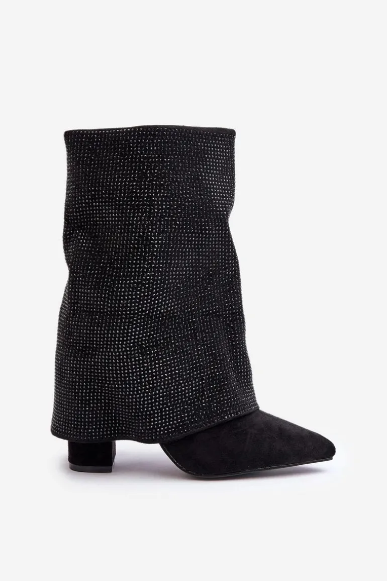 Zdobione Błyszczące Botki Z Wywiniętą Cholewką Na Słupku Ocieplane Czarne Xistaria