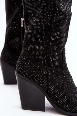 Zdobione Dżetami Kozaki Kowbojki Damskie Przed Kolano Czarne Poelstra