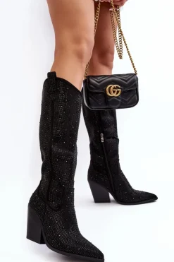 Zdobione Dżetami Kozaki Kowbojki Damskie Przed Kolano Czarne Poelstra