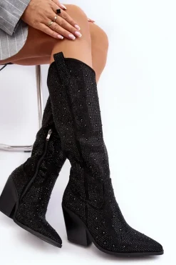 Zdobione Dżetami Kozaki Kowbojki Damskie Przed Kolano Czarne Poelstra