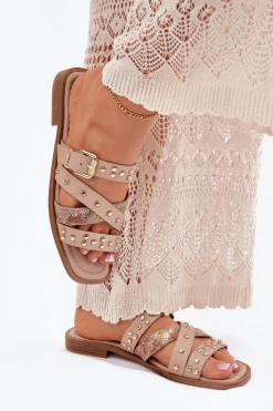 Zdobione Klapki Damskie Na Płaskim Obcasie Z Paskami I Klamrą Beżowe Manitte