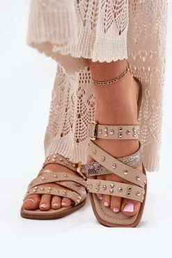 Zdobione Klapki Damskie Na Płaskim Obcasie Z Paskami I Klamrą Beżowe Manitte