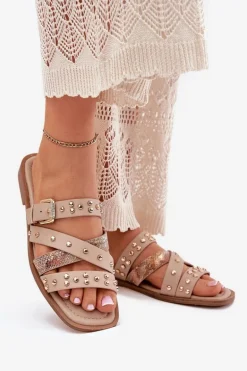 Zdobione Klapki Damskie Na Płaskim Obcasie Z Paskami I Klamrą Beżowe Manitte