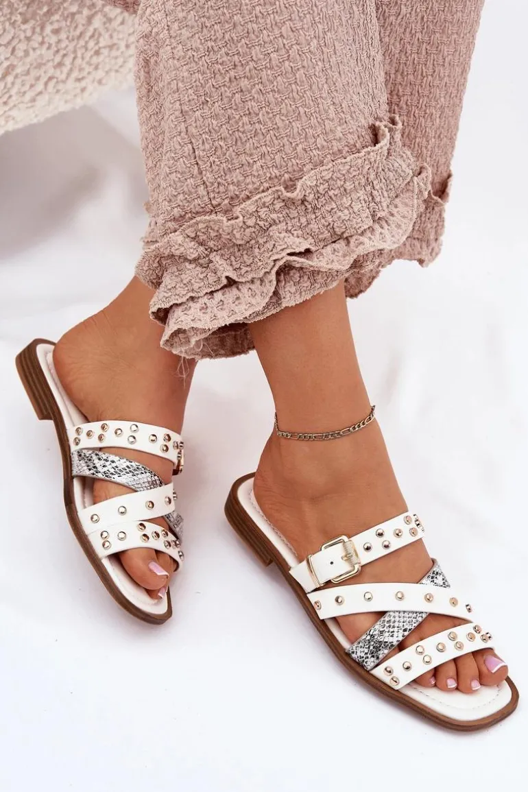 Zdobione Klapki Damskie Na Płaskim Obcasie Z Paskami I Klamrą Białe Manitte