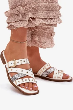 Zdobione Klapki Damskie Na Płaskim Obcasie Z Paskami I Klamrą Białe Manitte