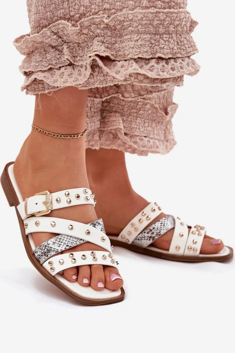 Zdobione Klapki Damskie Na Płaskim Obcasie Z Paskami I Klamrą Białe Manitte