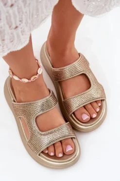 Zdobione Klapki Damskie Na Platformie Złote Jestella