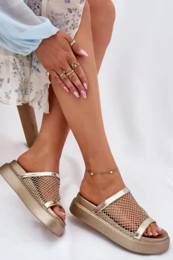 Zdobione Klapki Damskie Na Platformie Z Siateczką S.Barski MY51-016 Złote