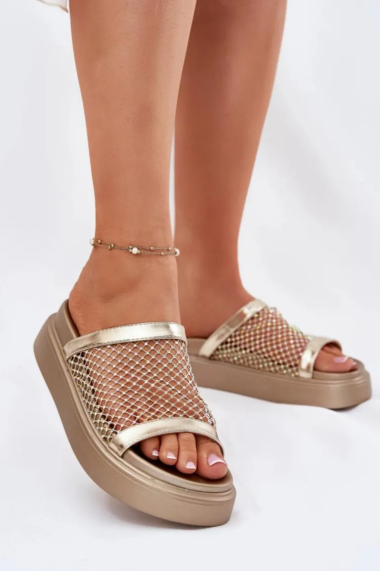 Zdobione Klapki Damskie Na Platformie Z Siateczką S.Barski MY51-016 Złote