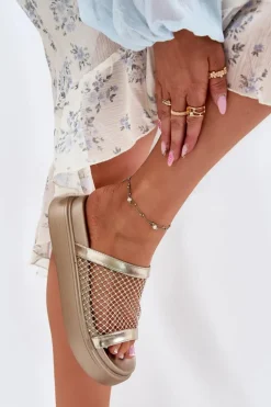 Zdobione Klapki Damskie Na Platformie Z Siateczką S.Barski MY51-016 Złote