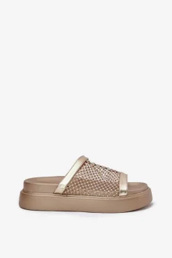 Zdobione Klapki Damskie Na Platformie Z Siateczką S.Barski MY51-016 Złote