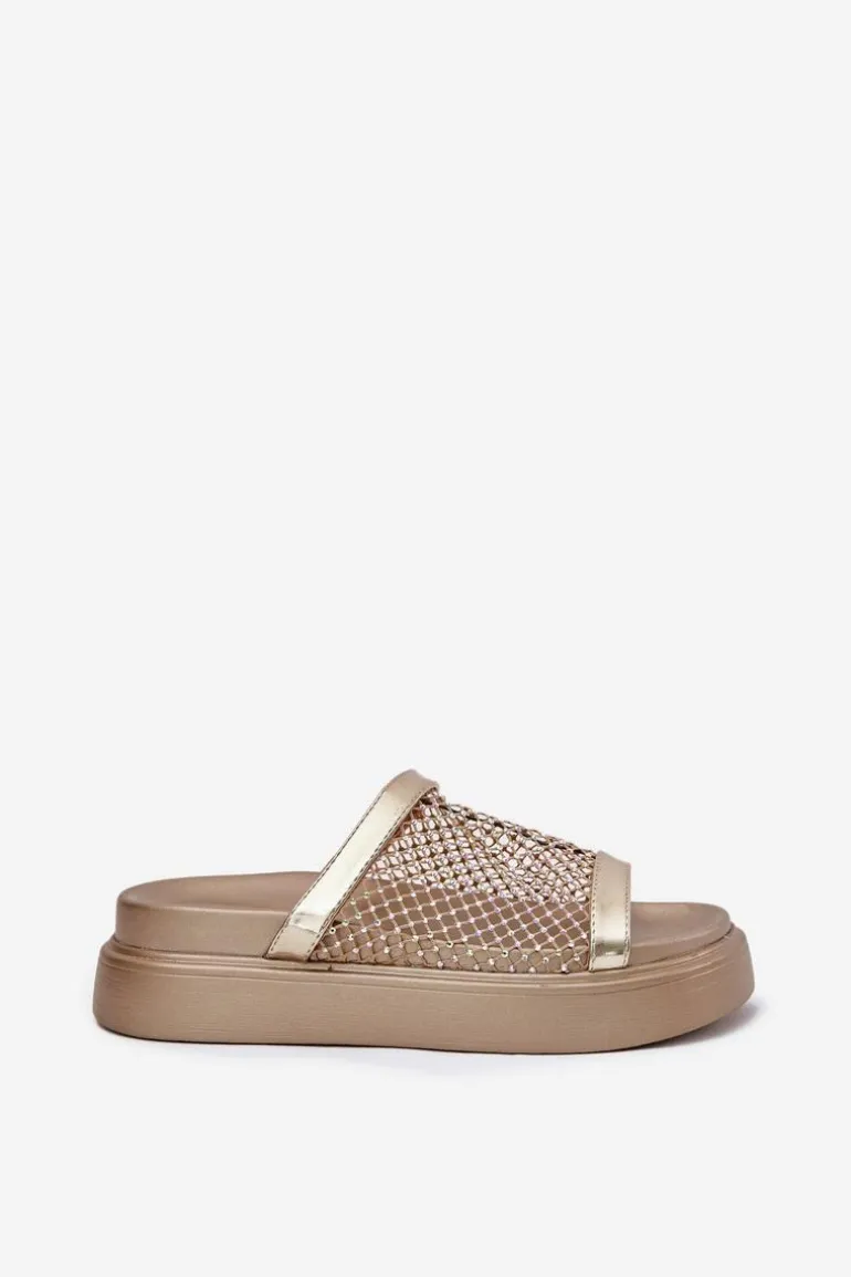 Zdobione Klapki Damskie Na Platformie Z Siateczką S.Barski MY51-016 Złote