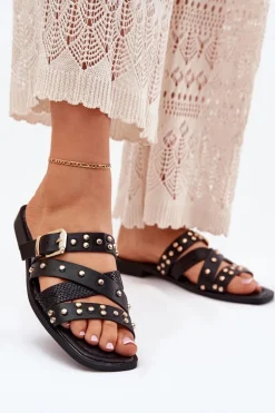 Zdobione Klapki Damskie Na Płaskim Obcasie Z Paskami I Klamrą Czarne Manitte