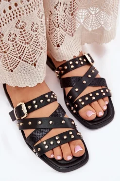 Zdobione Klapki Damskie Na Płaskim Obcasie Z Paskami I Klamrą Czarne Manitte