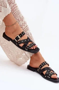 Zdobione Klapki Damskie Na Płaskim Obcasie Z Paskami I Klamrą Czarne Manitte